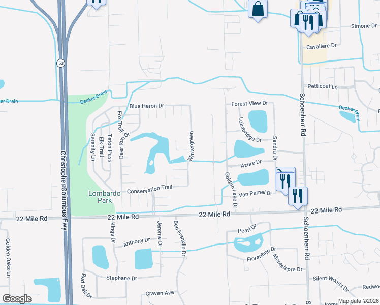 map of restaurants, bars, coffee shops, grocery stores, and more near 49599 Wintergreen in Macomb County
