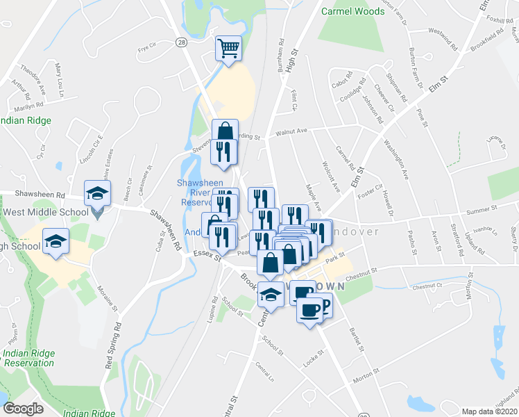 map of restaurants, bars, coffee shops, grocery stores, and more near 93 North Main Street in Andover