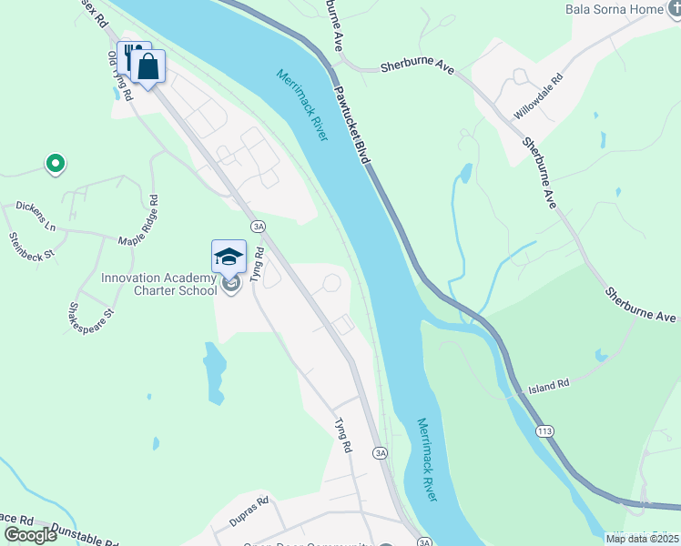 map of restaurants, bars, coffee shops, grocery stores, and more near 5 Bridgeview Circle in Tyngsborough