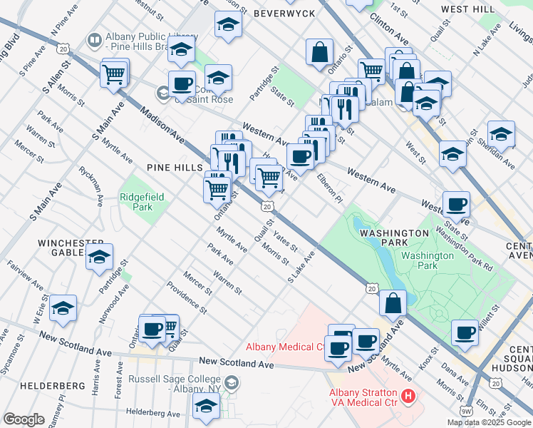 map of restaurants, bars, coffee shops, grocery stores, and more near 800 Madison Avenue in Albany