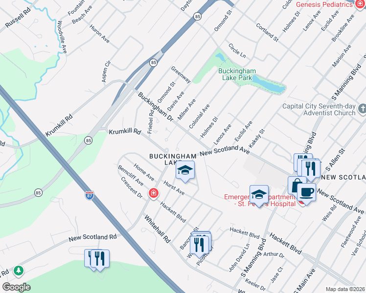 map of restaurants, bars, coffee shops, grocery stores, and more near 36 Buckingham Drive in Albany