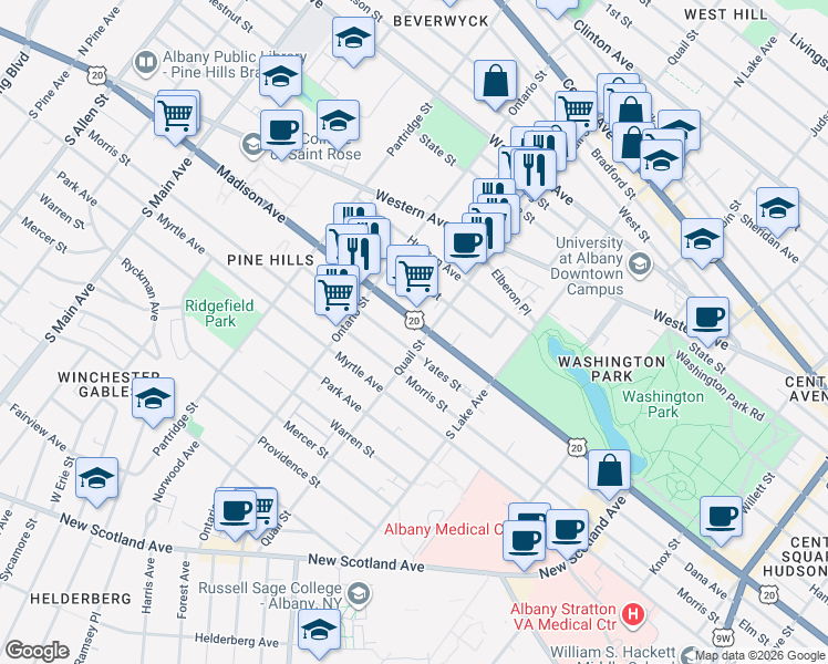 map of restaurants, bars, coffee shops, grocery stores, and more near 800 Madison Avenue in Albany