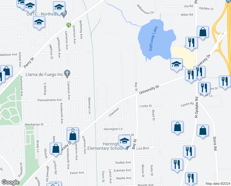 map of restaurants, bars, coffee shops, grocery stores, and more near 769 Palmer Drive in Pontiac