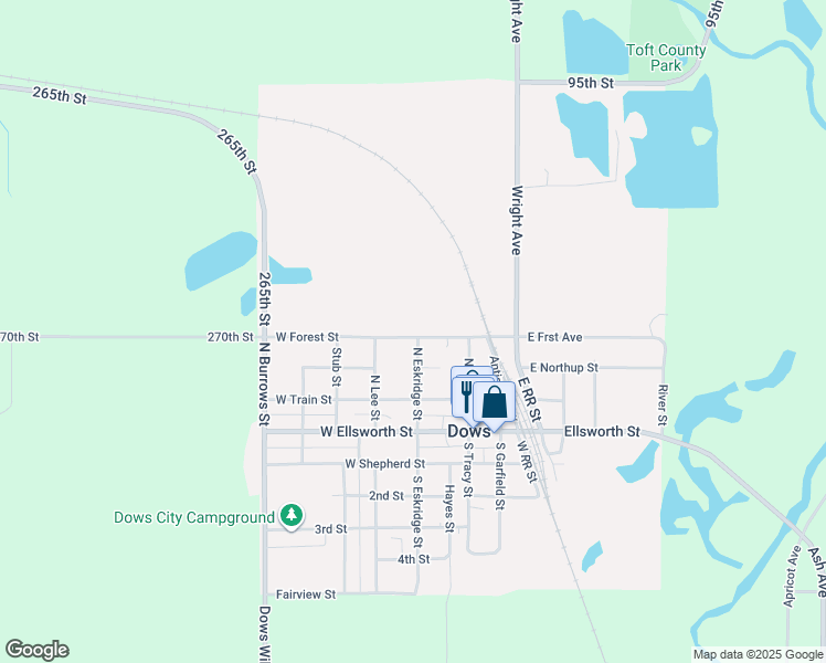 map of restaurants, bars, coffee shops, grocery stores, and more near 100-198 West Forest Street in Dows