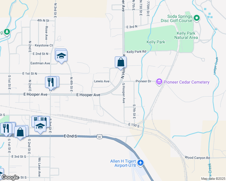 map of restaurants, bars, coffee shops, grocery stores, and more near 590 Lewis Avenue in Soda Springs