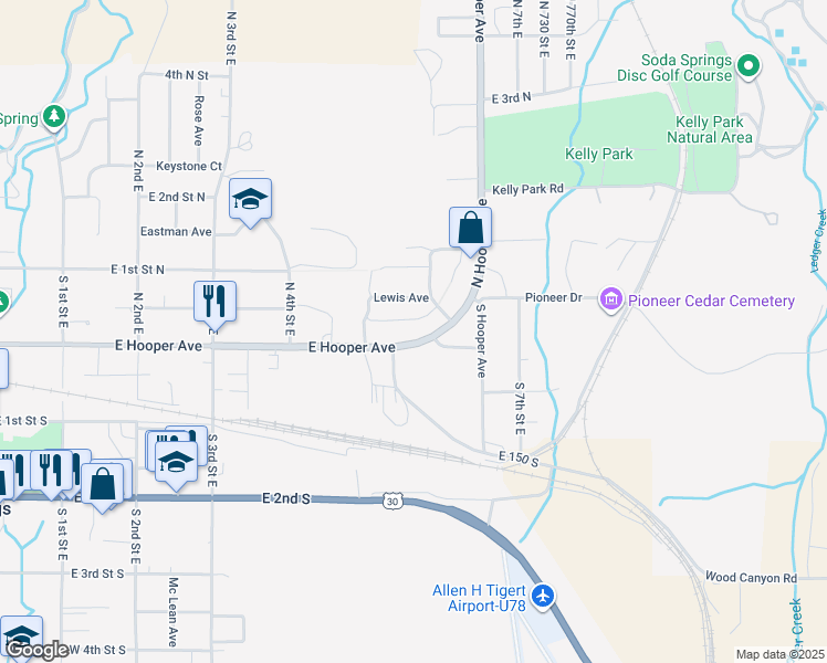 map of restaurants, bars, coffee shops, grocery stores, and more near 590 Lewis Avenue in Soda Springs