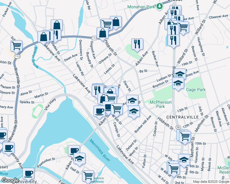 map of restaurants, bars, coffee shops, grocery stores, and more near 120 Aiken Avenue in Lowell