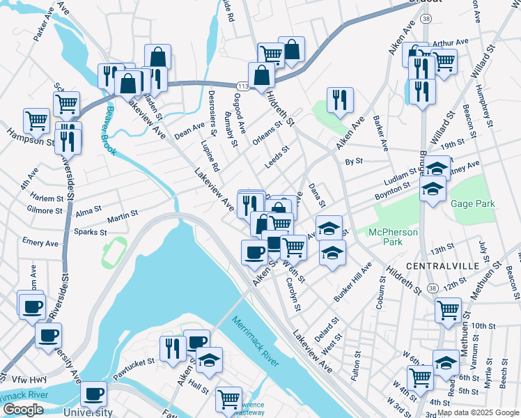 map of restaurants, bars, coffee shops, grocery stores, and more near 121 Dalton Street in Lowell