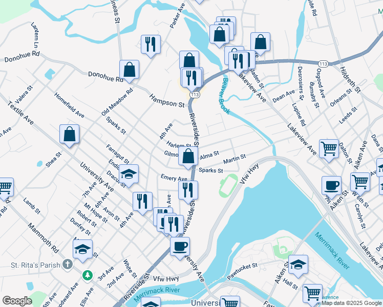 map of restaurants, bars, coffee shops, grocery stores, and more near 429 Riverside Street in Lowell