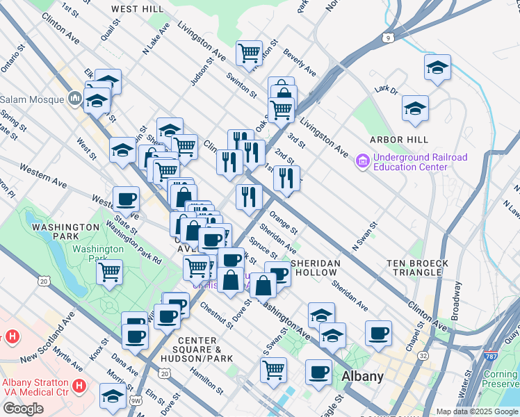 map of restaurants, bars, coffee shops, grocery stores, and more near 319 Orange Street in Albany