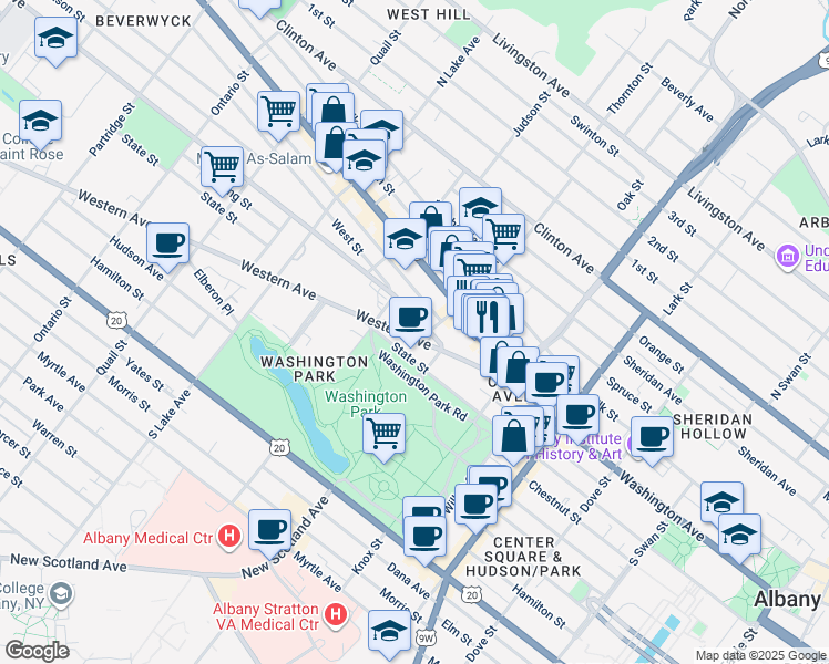 map of restaurants, bars, coffee shops, grocery stores, and more near 323 Washington Avenue in Albany