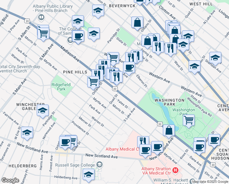 map of restaurants, bars, coffee shops, grocery stores, and more near 799 Madison Avenue in Albany