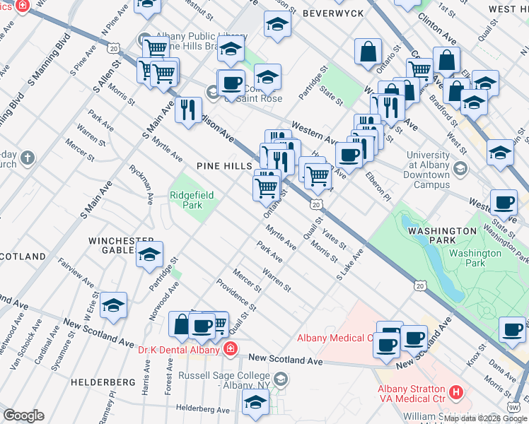 map of restaurants, bars, coffee shops, grocery stores, and more near 497 Morris Street in Albany