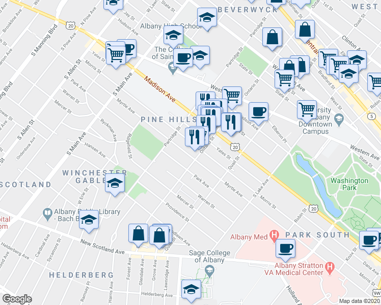 map of restaurants, bars, coffee shops, grocery stores, and more near 497 Morris Street in Albany