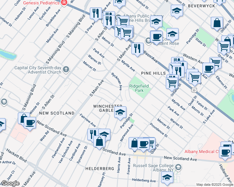 map of restaurants, bars, coffee shops, grocery stores, and more near 24 Peyster Street in Albany