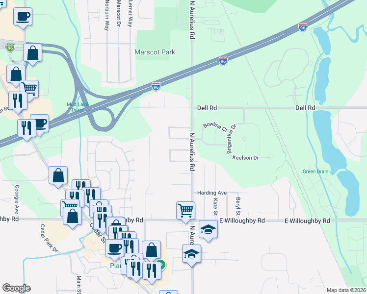 map of restaurants, bars, coffee shops, grocery stores, and more near 1913 Remsing Drive in Lansing