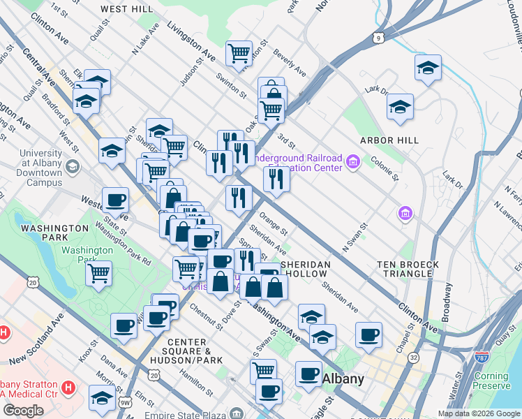 map of restaurants, bars, coffee shops, grocery stores, and more near 303 Orange Street in Albany