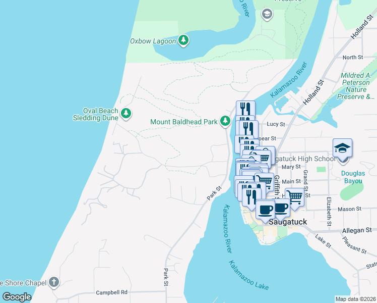 map of restaurants, bars, coffee shops, grocery stores, and more near in Saugatuck