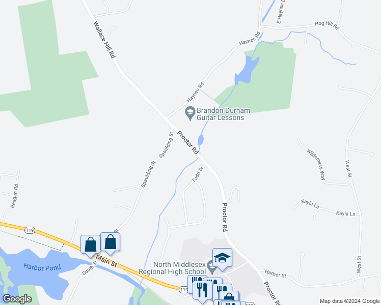 map of restaurants, bars, coffee shops, grocery stores, and more near 11 Proctor Road in Townsend