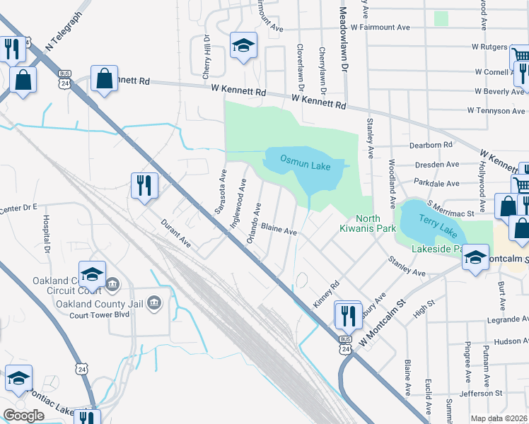 map of restaurants, bars, coffee shops, grocery stores, and more near 818 Orlando Avenue in Pontiac
