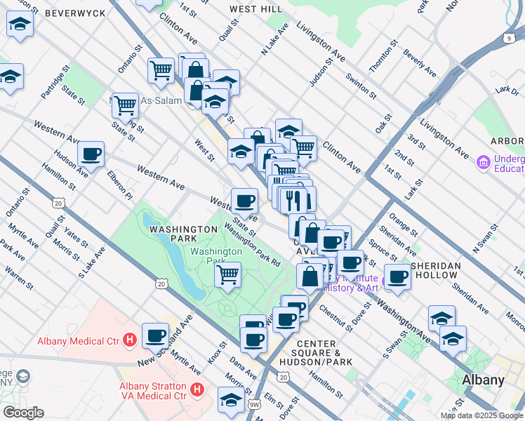 map of restaurants, bars, coffee shops, grocery stores, and more near 323 Washington Avenue in Albany