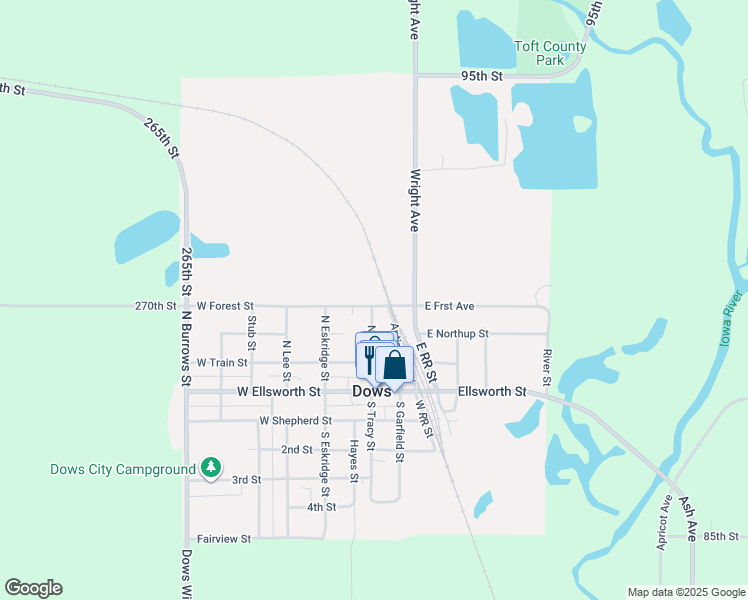 map of restaurants, bars, coffee shops, grocery stores, and more near 100 West Forest Street in Dows