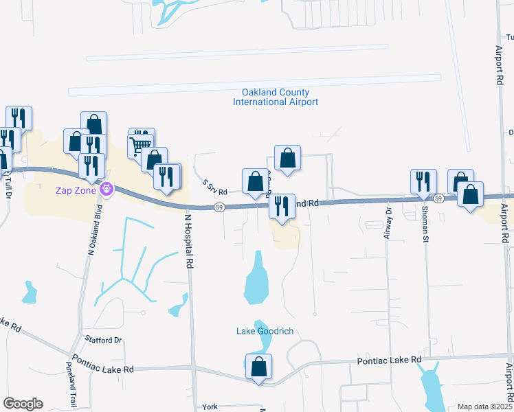 map of restaurants, bars, coffee shops, grocery stores, and more near Michigan 59 in Highland Charter Township