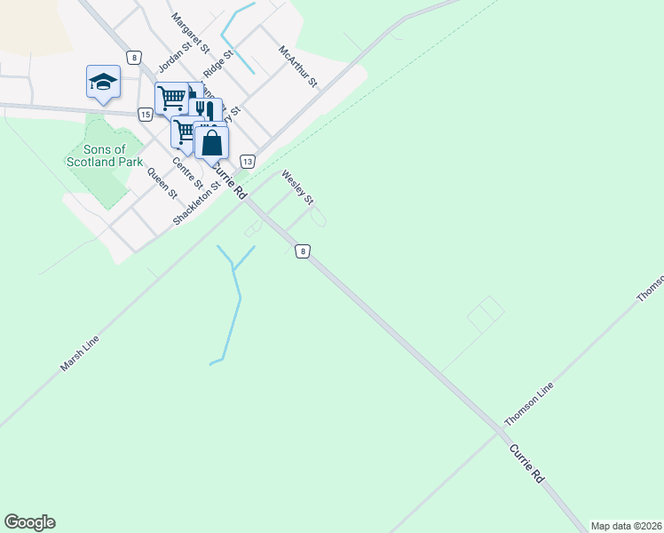 map of restaurants, bars, coffee shops, grocery stores, and more near 91 Currie Road in Elgin County