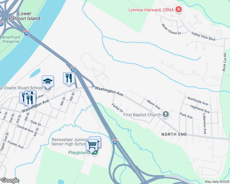 map of restaurants, bars, coffee shops, grocery stores, and more near Washington Avenue in Rensselaer