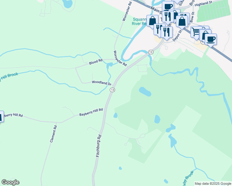map of restaurants, bars, coffee shops, grocery stores, and more near 52 Fitchburg Road in Townsend