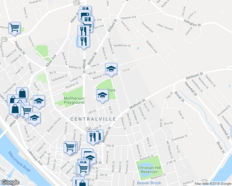 map of restaurants, bars, coffee shops, grocery stores, and more near 509 Beacon Street in Lowell