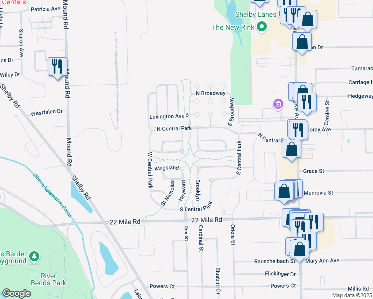 map of restaurants, bars, coffee shops, grocery stores, and more near 49678 Whitehall in Macomb County