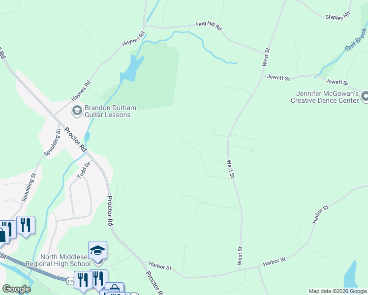 map of restaurants, bars, coffee shops, grocery stores, and more near 4 Wilderness Way in Pepperell