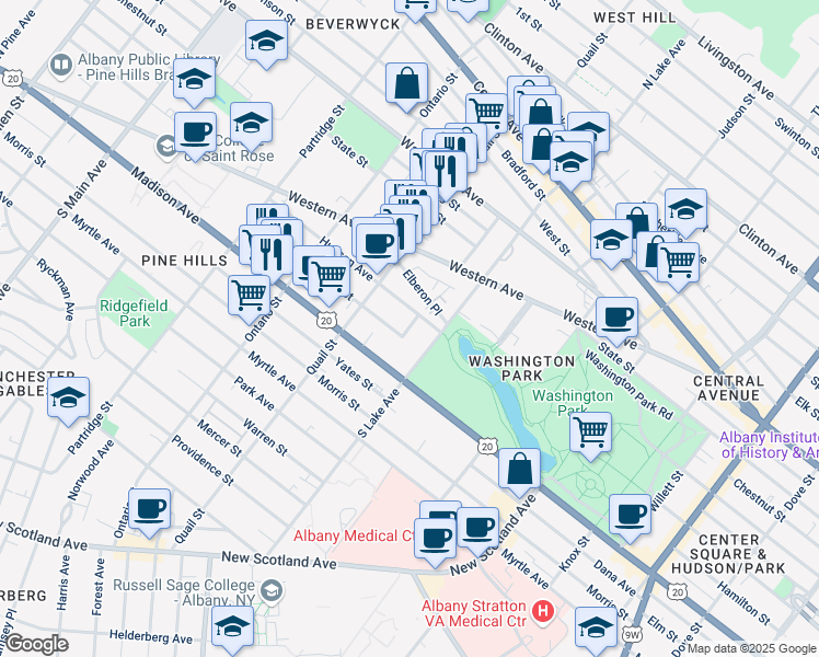 map of restaurants, bars, coffee shops, grocery stores, and more near 400 Hudson Avenue in Albany