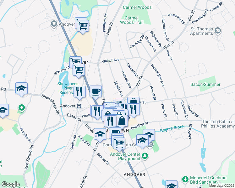 map of restaurants, bars, coffee shops, grocery stores, and more near 23 Maple Avenue in Andover