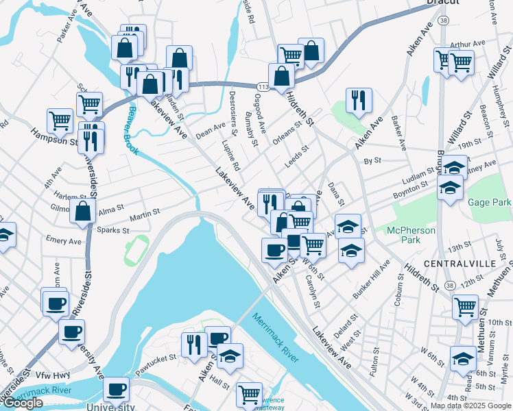 map of restaurants, bars, coffee shops, grocery stores, and more near 26 Farmland Road in Lowell