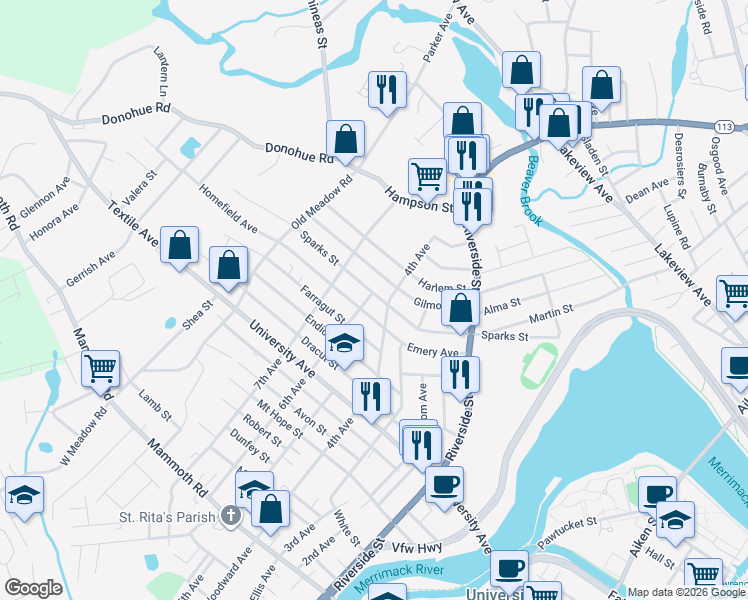 map of restaurants, bars, coffee shops, grocery stores, and more near 229 Sparks Street in Lowell