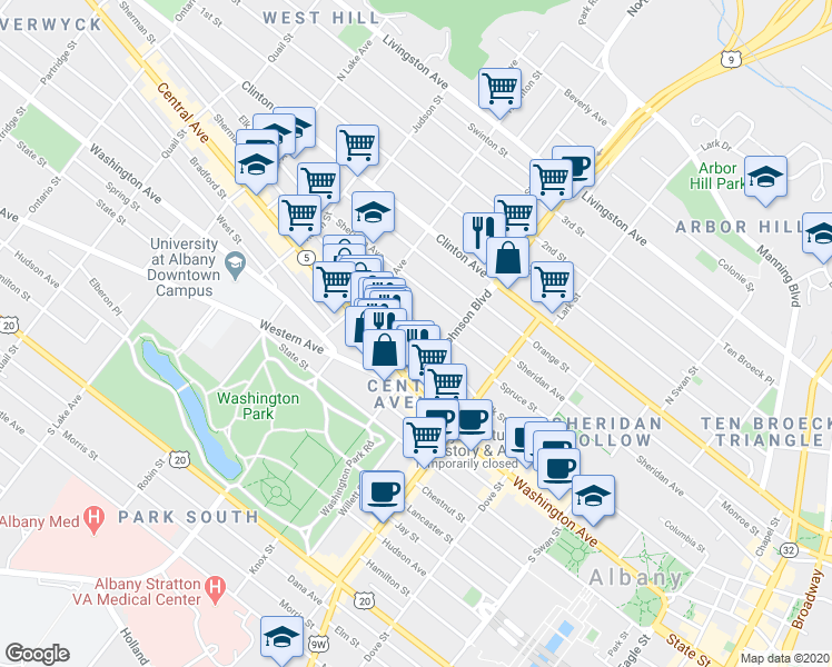 map of restaurants, bars, coffee shops, grocery stores, and more near 316 Sheridan Avenue in Albany