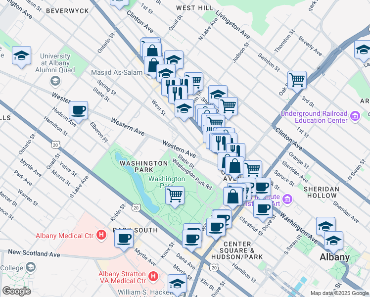 map of restaurants, bars, coffee shops, grocery stores, and more near 323 Washington Avenue in Albany