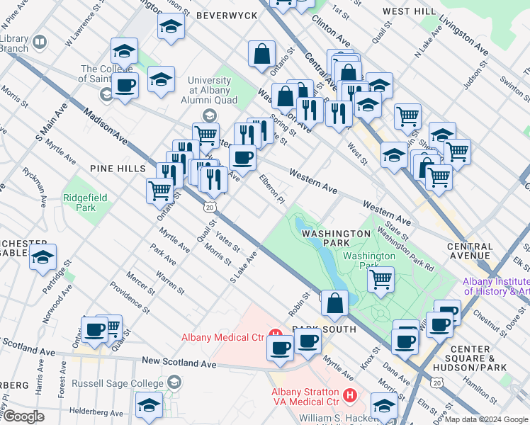 map of restaurants, bars, coffee shops, grocery stores, and more near 420 Hudson Avenue in Albany