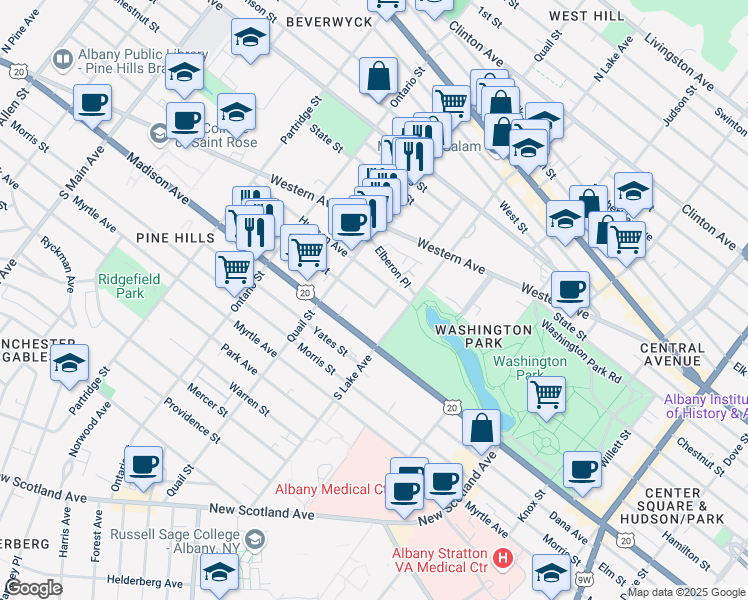 map of restaurants, bars, coffee shops, grocery stores, and more near 420 Hudson Avenue in Albany