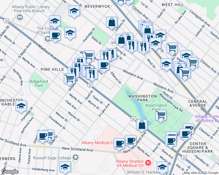 map of restaurants, bars, coffee shops, grocery stores, and more near 420 Hudson Avenue in Albany