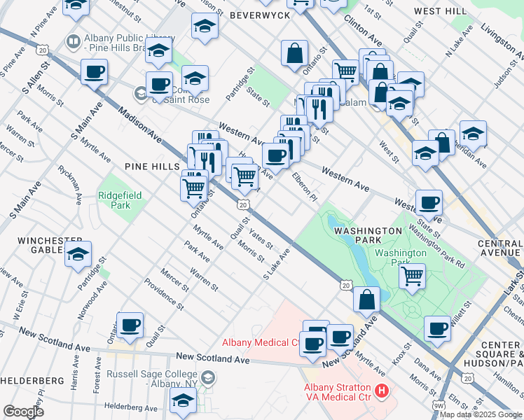 map of restaurants, bars, coffee shops, grocery stores, and more near 248 Quail Street in Albany