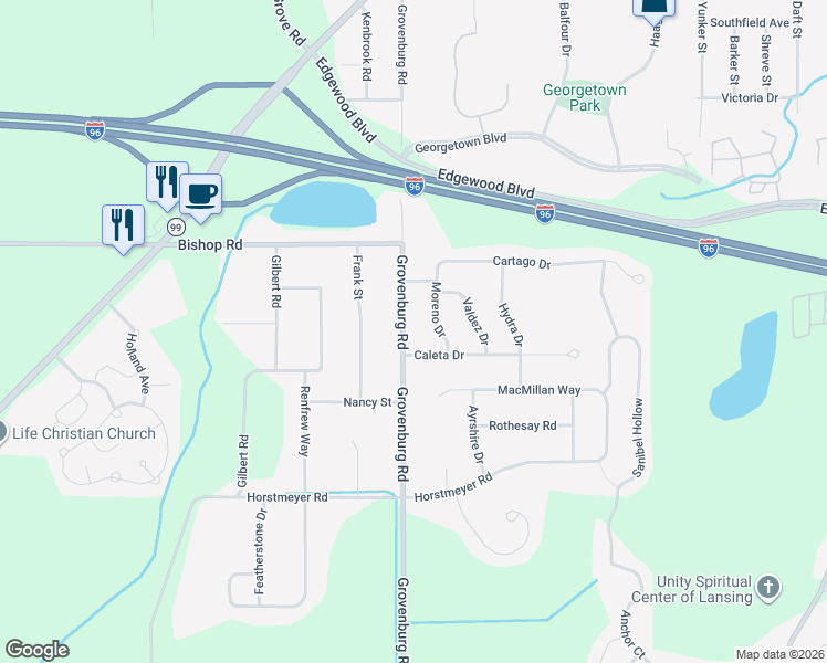 map of restaurants, bars, coffee shops, grocery stores, and more near 2688 Grovenburg Road in Lansing