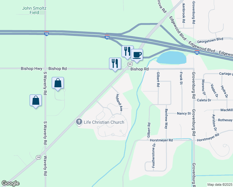 map of restaurants, bars, coffee shops, grocery stores, and more near 2720 Eaton Rapids Road in Lansing