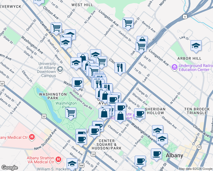 map of restaurants, bars, coffee shops, grocery stores, and more near 252 Elk Street in Albany