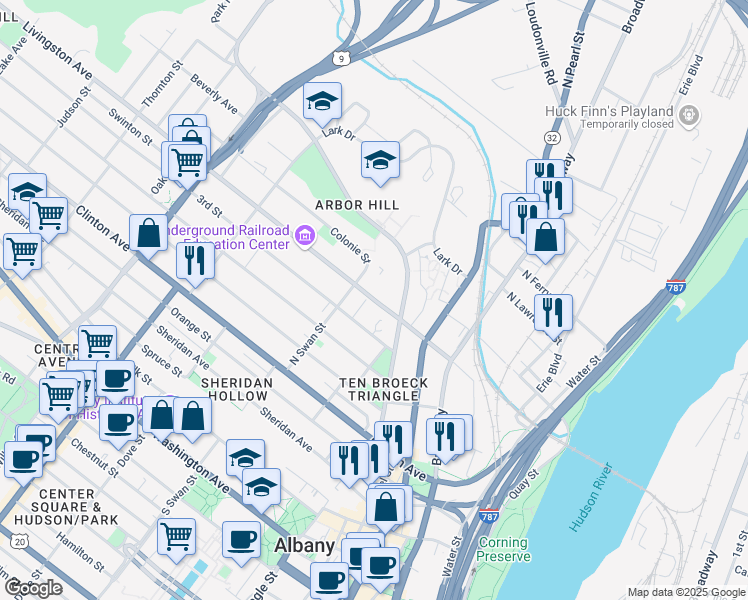 map of restaurants, bars, coffee shops, grocery stores, and more near Livingston Avenue in Albany