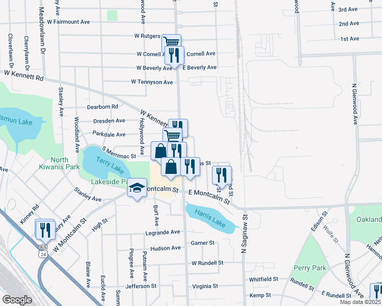 map of restaurants, bars, coffee shops, grocery stores, and more near 805 Saint Clair Street in Pontiac