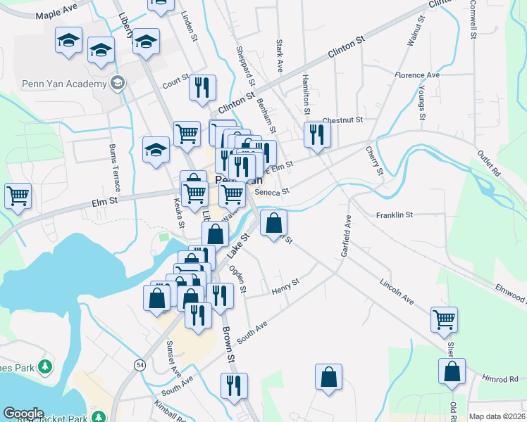 map of restaurants, bars, coffee shops, grocery stores, and more near 100 East Main Street in Penn Yan