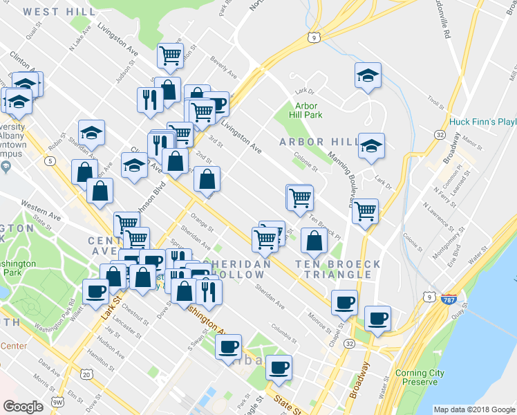 map of restaurants, bars, coffee shops, grocery stores, and more near 102 2nd Street in Albany